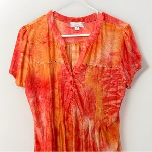 Women’s Short Sleeve Blouse Size M Orange V Neck Henley Shannon Ford Colorful